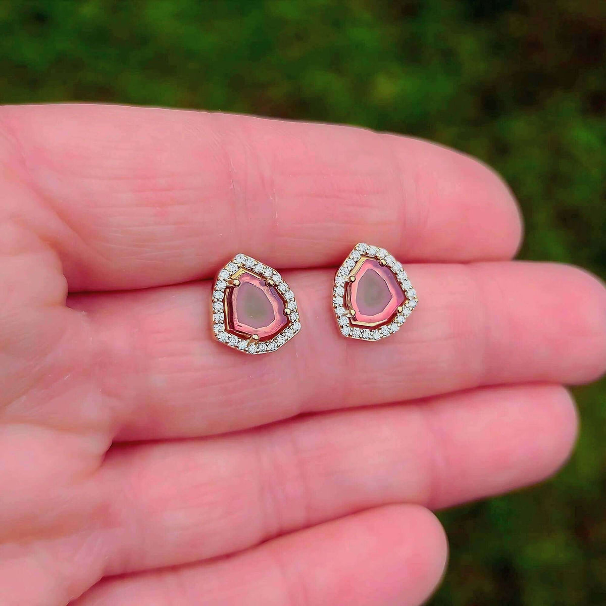Sincerely Ginger Jewelry 14K Watermelon Tourmaline Diamond Earrings in Yellow Gold