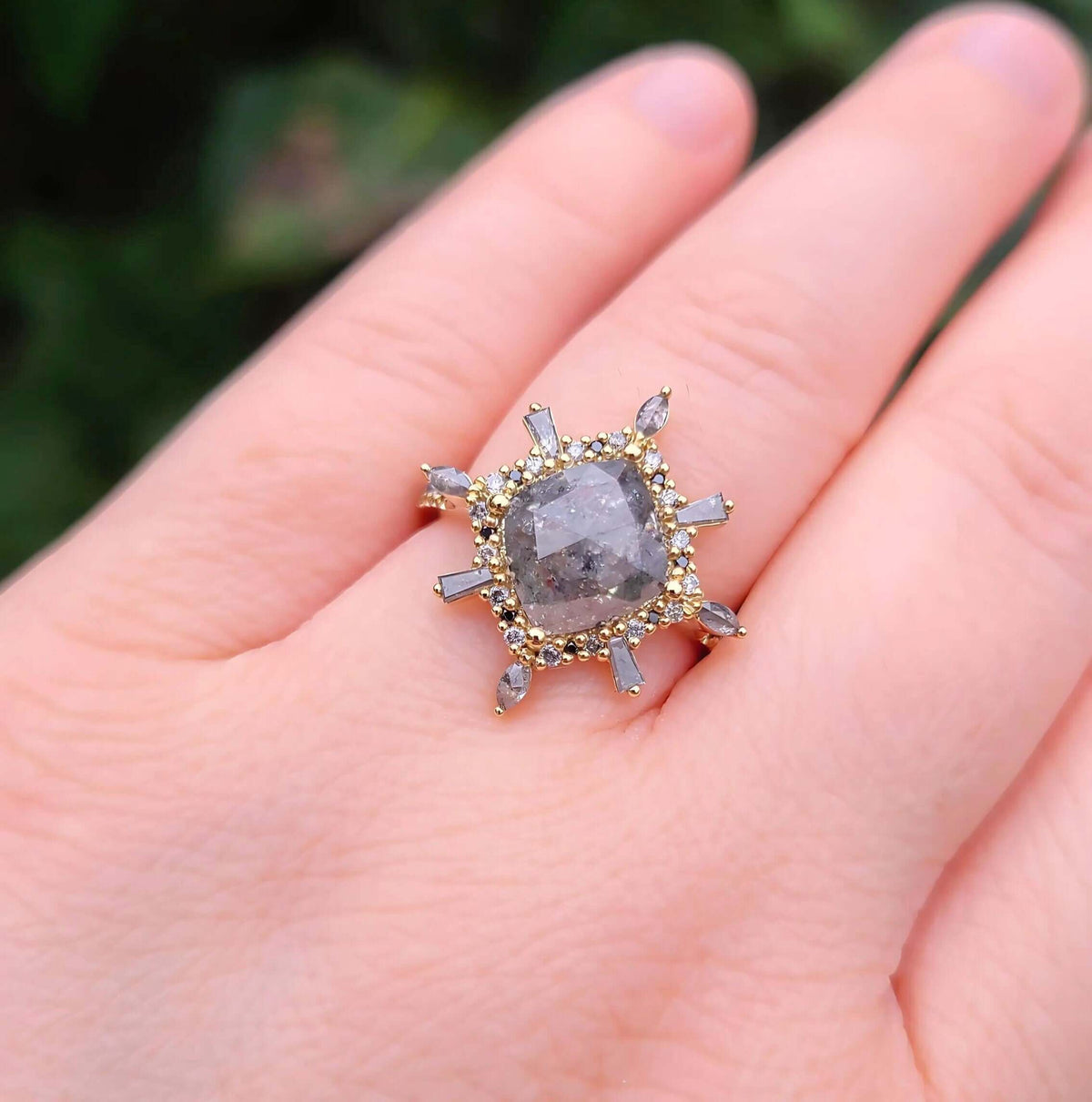 Sincerely Ginger Jewelry Rose Cut Salt & Pepper Diamond Cocktail Ring in Yellow Gold