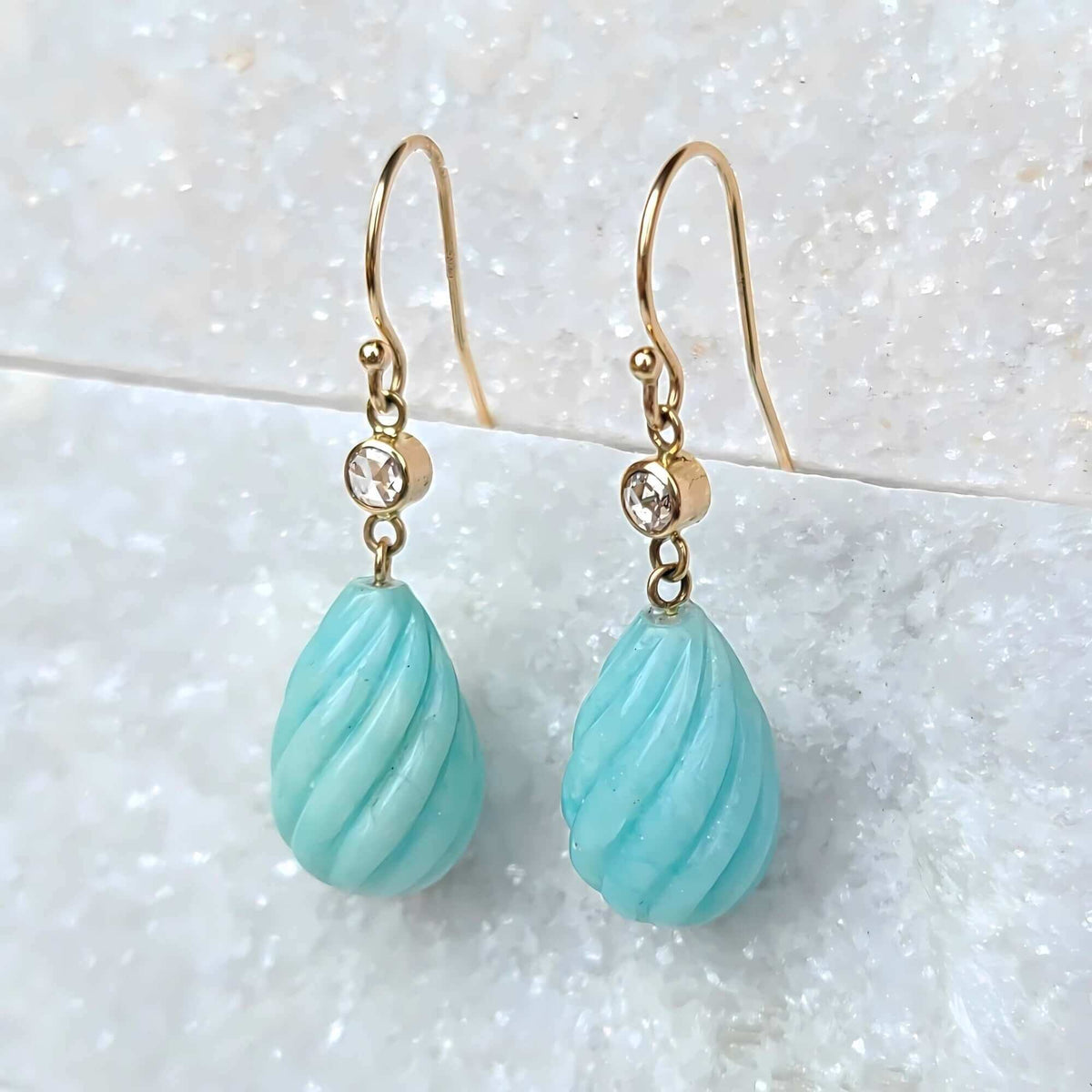 Sincerely Ginger Jewelry 14K Amazonite Earrings with White Diamond Accents in Yellow Gold