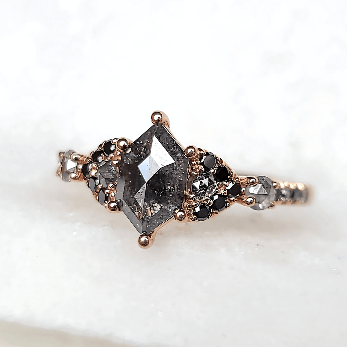 Sincerely Ginger Jewelry 14K Hexagon Rose Cut Salt & Pepper Diamond Ring Alternative Engagement Ring in Rose Gold