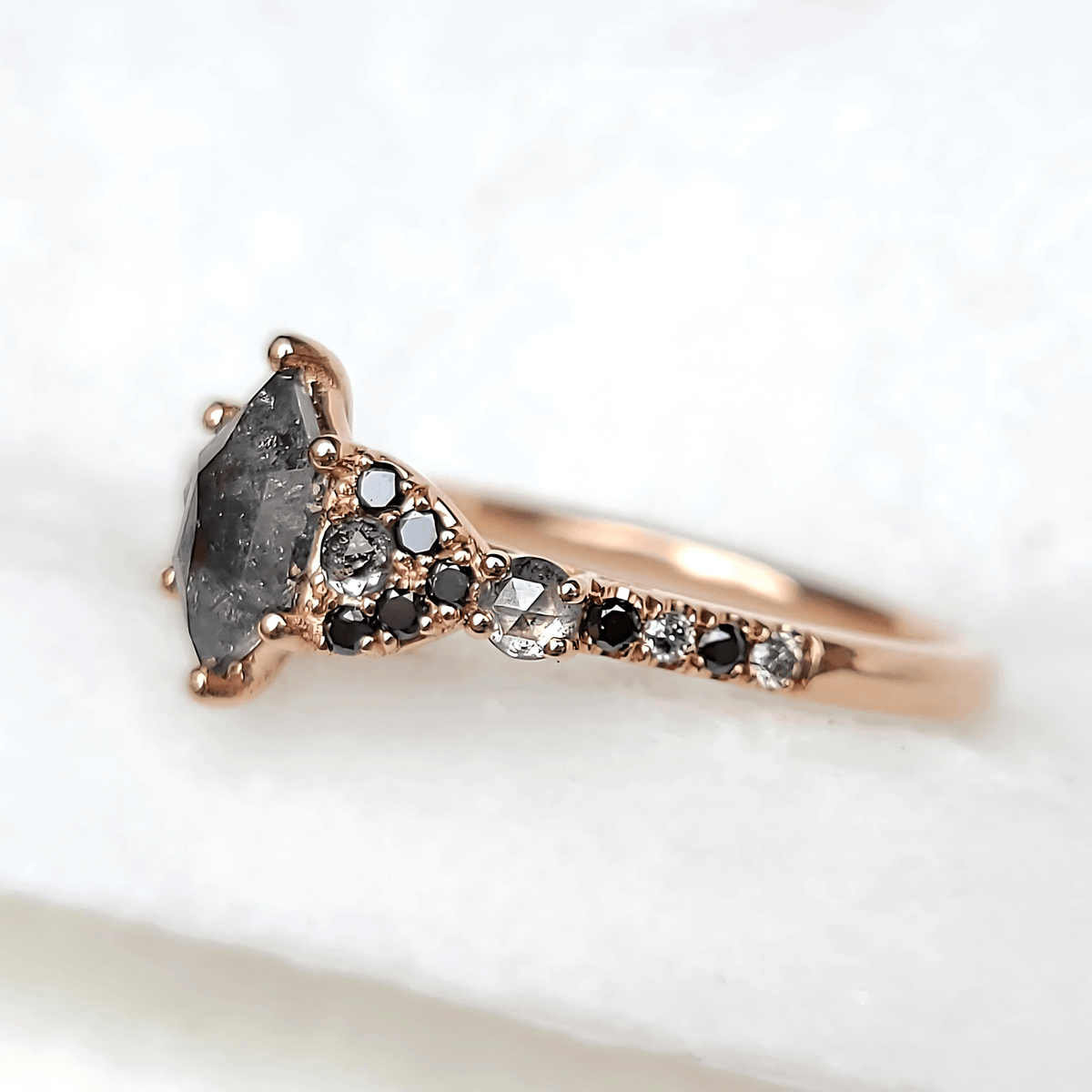 Sincerely Ginger Jewelry 14K Hexagon Rose Cut Salt & Pepper Diamond Ring Alternative Engagement Ring Side View in Rose Gold