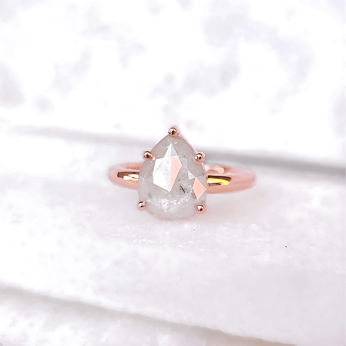 Sincerely Ginger Jewelry 14K Milky Pear Rose Cut Diamond Ring Alternative Engagement Ring in Rose Gold