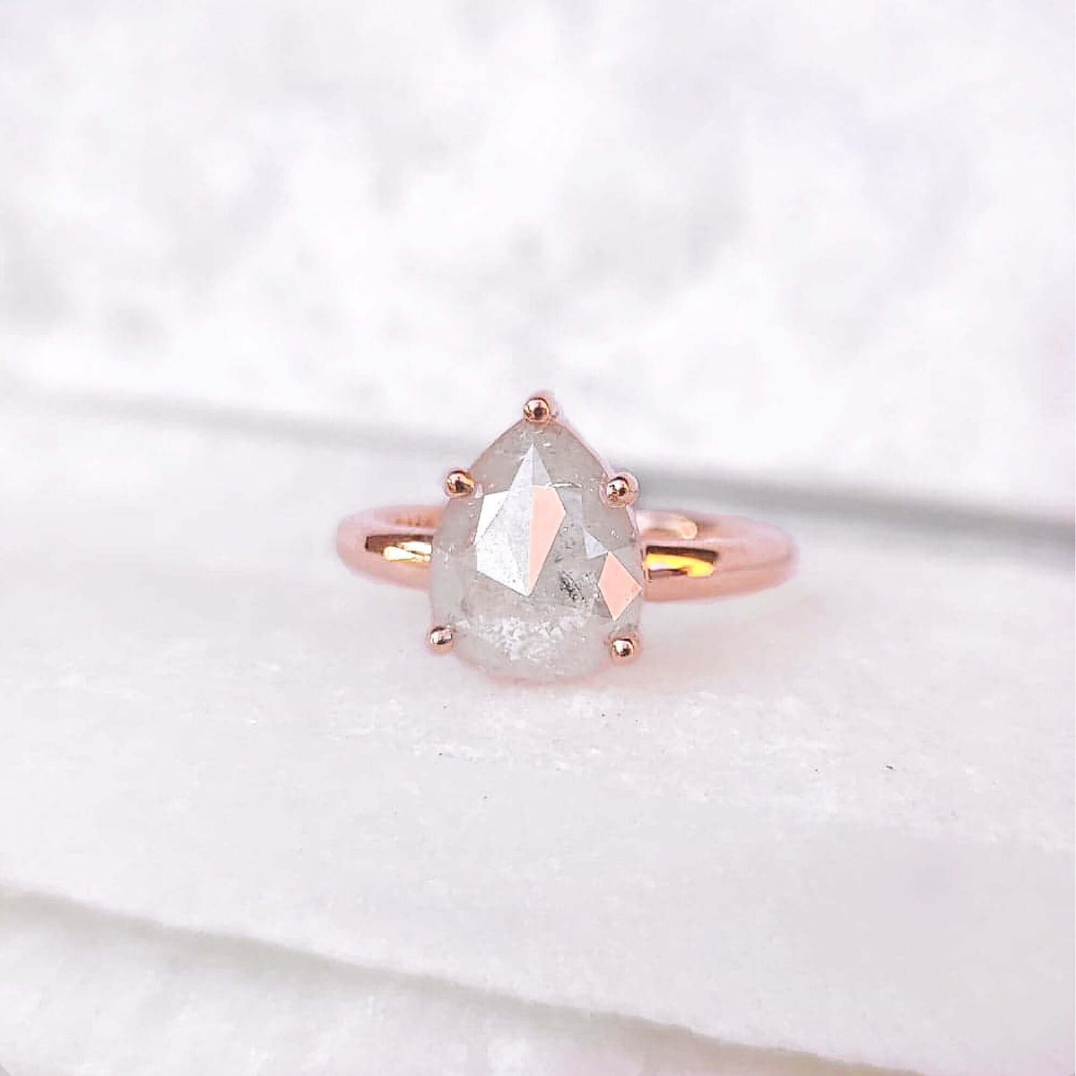 Sincerely Ginger Jewelry 14K Milky Pear Rose Cut Diamond Ring Alternative Engagement Ring in Rose Gold