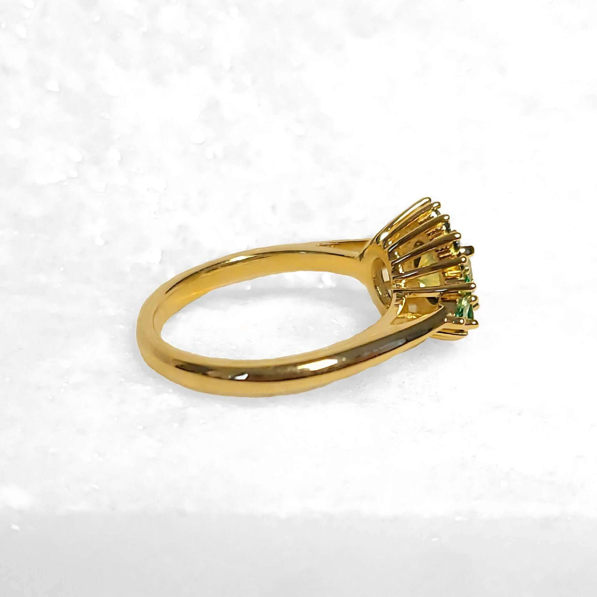 Sincerely Ginger Jewelry 14K Montana Sapphire Blue Diamond and Emerald Engagement and Cocktail Ring Side View in Yellow Gold