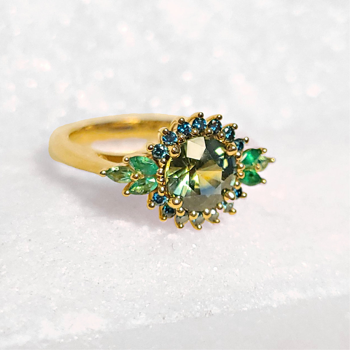Sincerely Ginger Jewelry 14K Montana Sapphire Blue Diamond and Emerald Engagement and Cocktail Ring