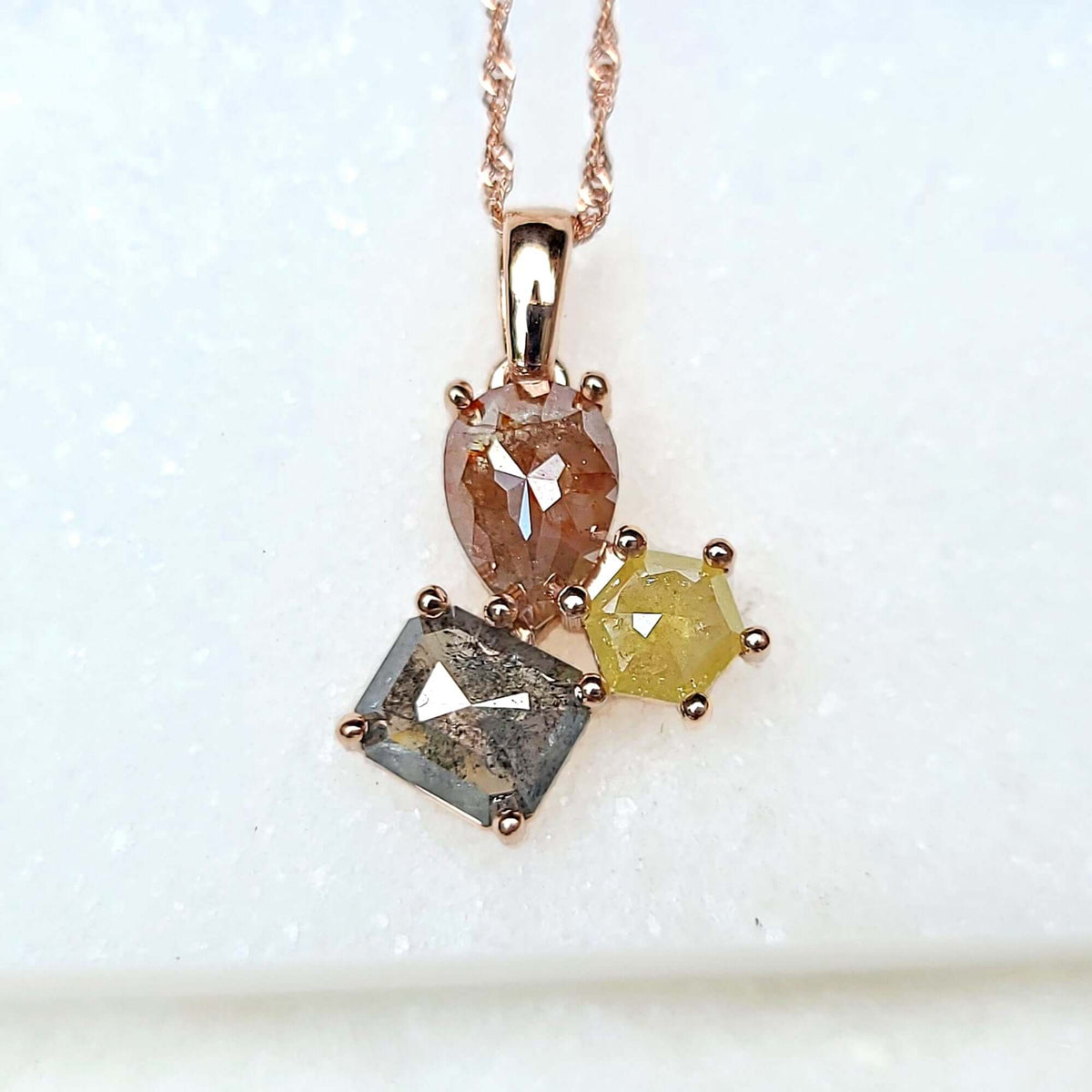 Sincerely Ginger Jewelry 14K Multicolored Rose Cut Salt & Pepper Diamond Necklace in Rose Gold