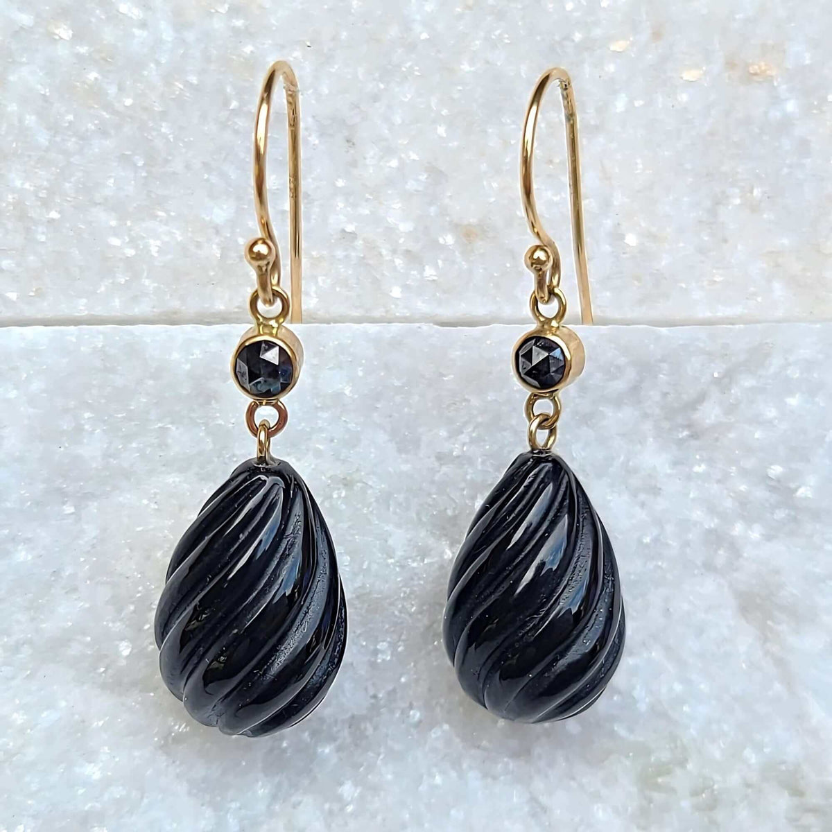 Sincerely Ginger Jewelry 14K Onyx Earrings & Black Diamond Accents in Yellow Gold