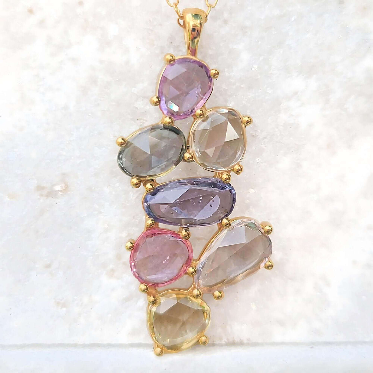 Sincerely Ginger Jewelry 14K Rose Cut Sapphire Cluster Necklace in Yellow Gold