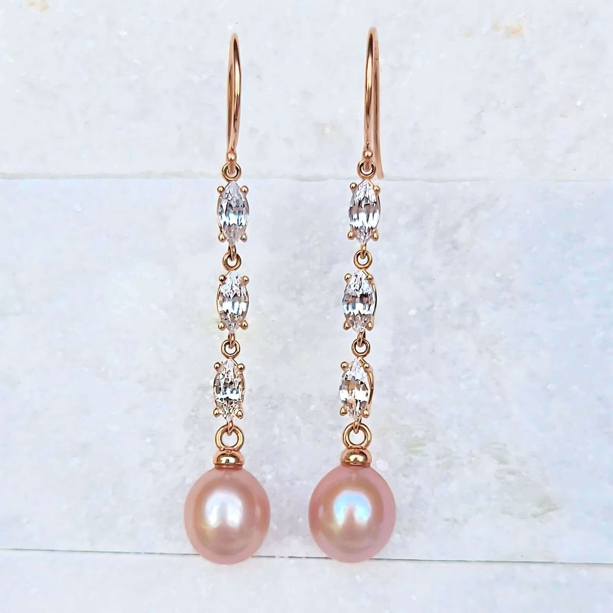 Sincerely Ginger Jewelry 14K White Sapphire Pink Pearl Drop Earrings in Rose Gold