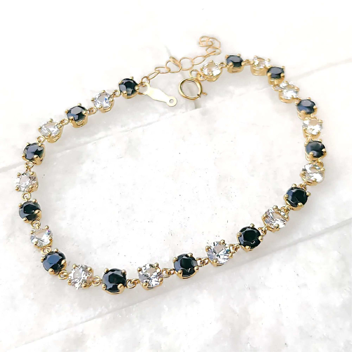 Sincerely Ginger Jewelry 14K White Sapphire & Onyx Tennis Bracelet in Yellow Gold