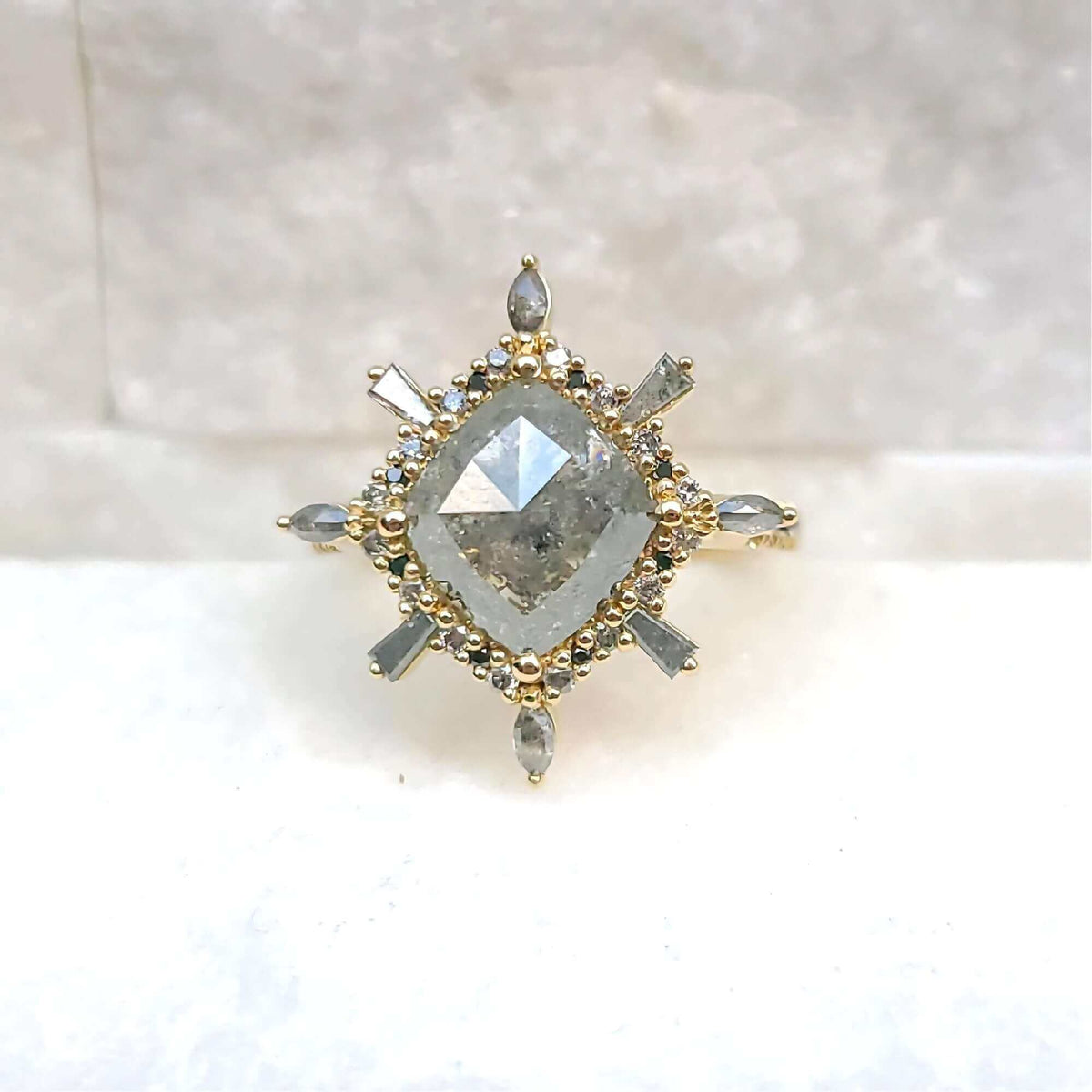Sincerely Ginger Jewelry Rose Cut Salt & Pepper Diamond Cocktail Ring in Yellow Gold