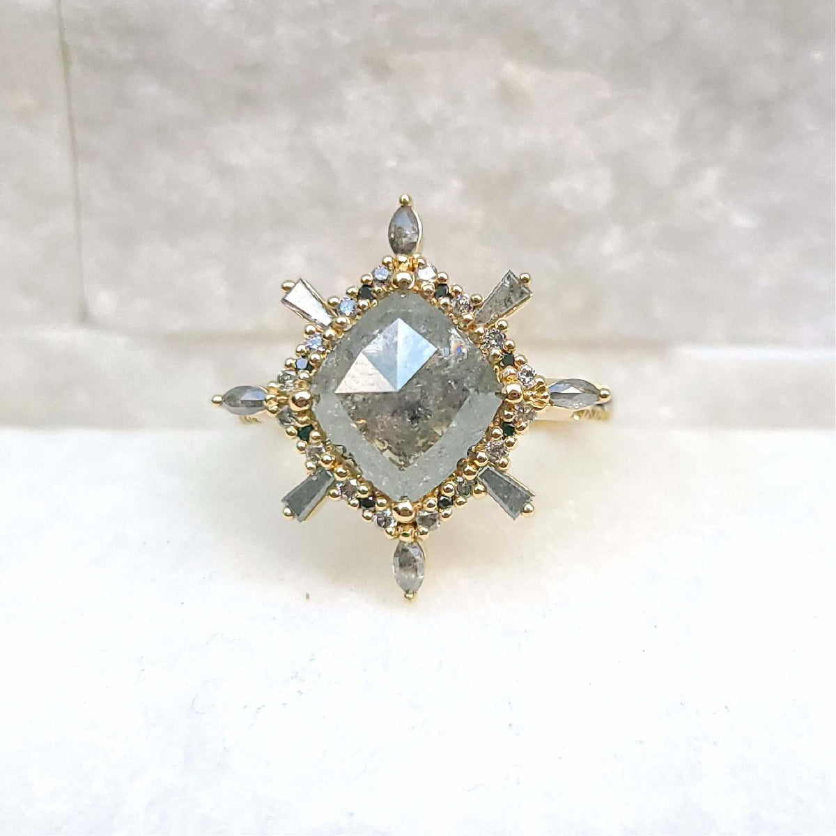 Sincerely Ginger Jewelry Rose Cut Salt & Pepper Diamond Cocktail Ring in Yellow Gold Front View