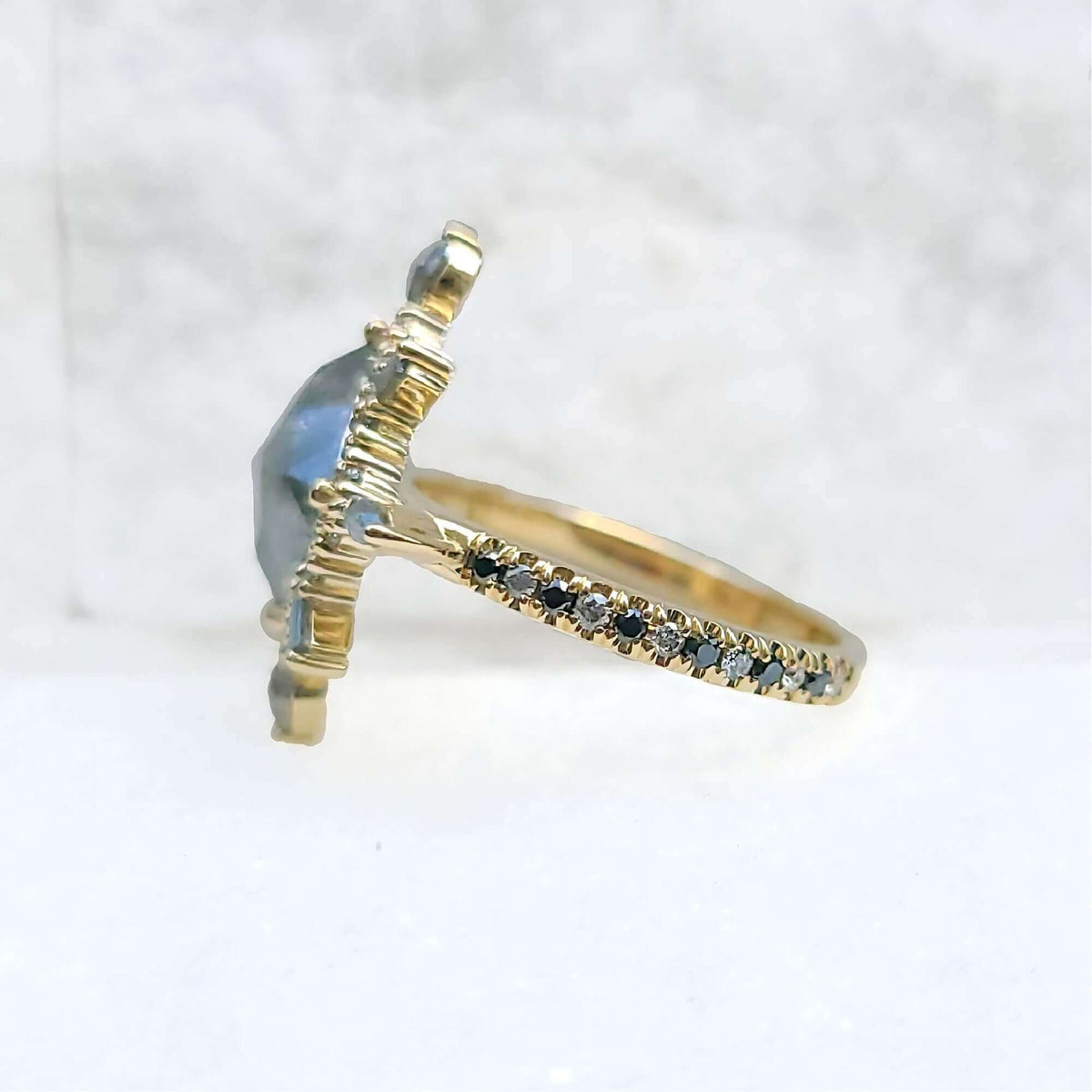 Sincerely Ginger Jewelry Rose Cut Salt & Pepper Diamond Cocktail Ring Side View in Yellow Gold