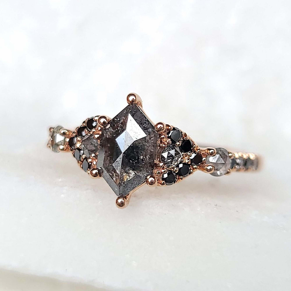 Sincerely Ginger Jewelry 14K Hexagon Rose Cut Salt & Pepper Diamond Ring Alternative Engagement Ring in Rose Gold