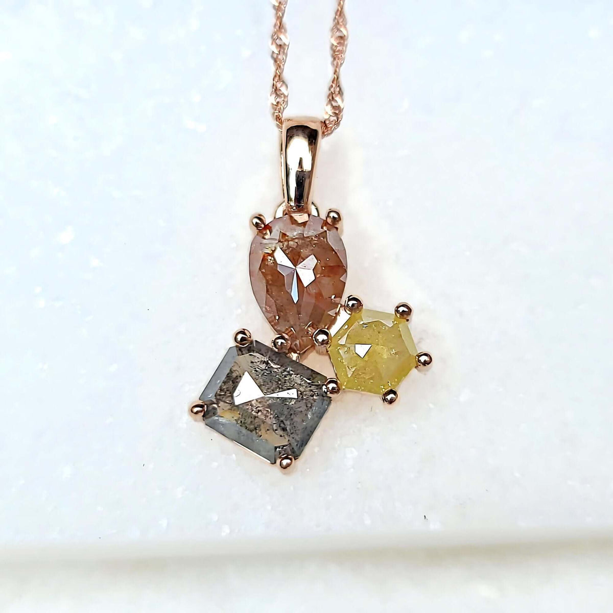Sincerely Ginger Jewelry 14K Multicolored Rose Cut Salt & Pepper Diamond Necklace in Rose Gold