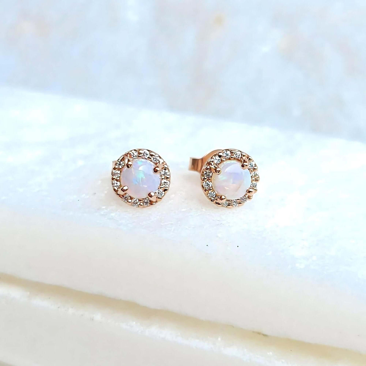 Sincerely Ginger Jewelry 14K White Opal Diamond Earrings in Rose Gold