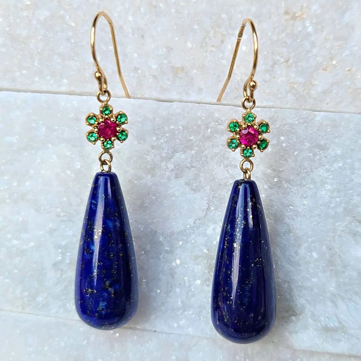 Sincerely Ginger Jewelry 14K Yellow Gold Lapis Earrings with Emerald & Ruby Accents