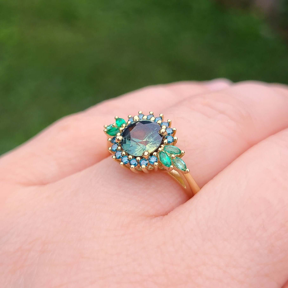 Sincerely Ginger Jewelry 14K Montana Sapphire Blue Diamond and Emerald Engagement and Cocktail Ring in Yellow Gold