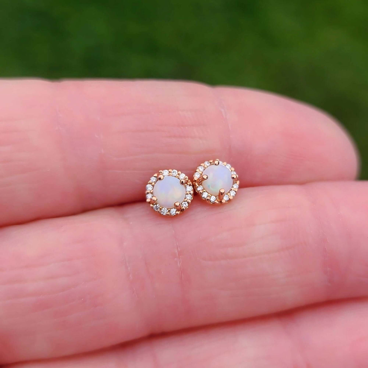 Sincerely Ginger Jewelry 14K White Opal Diamond Earrings in Rose Gold