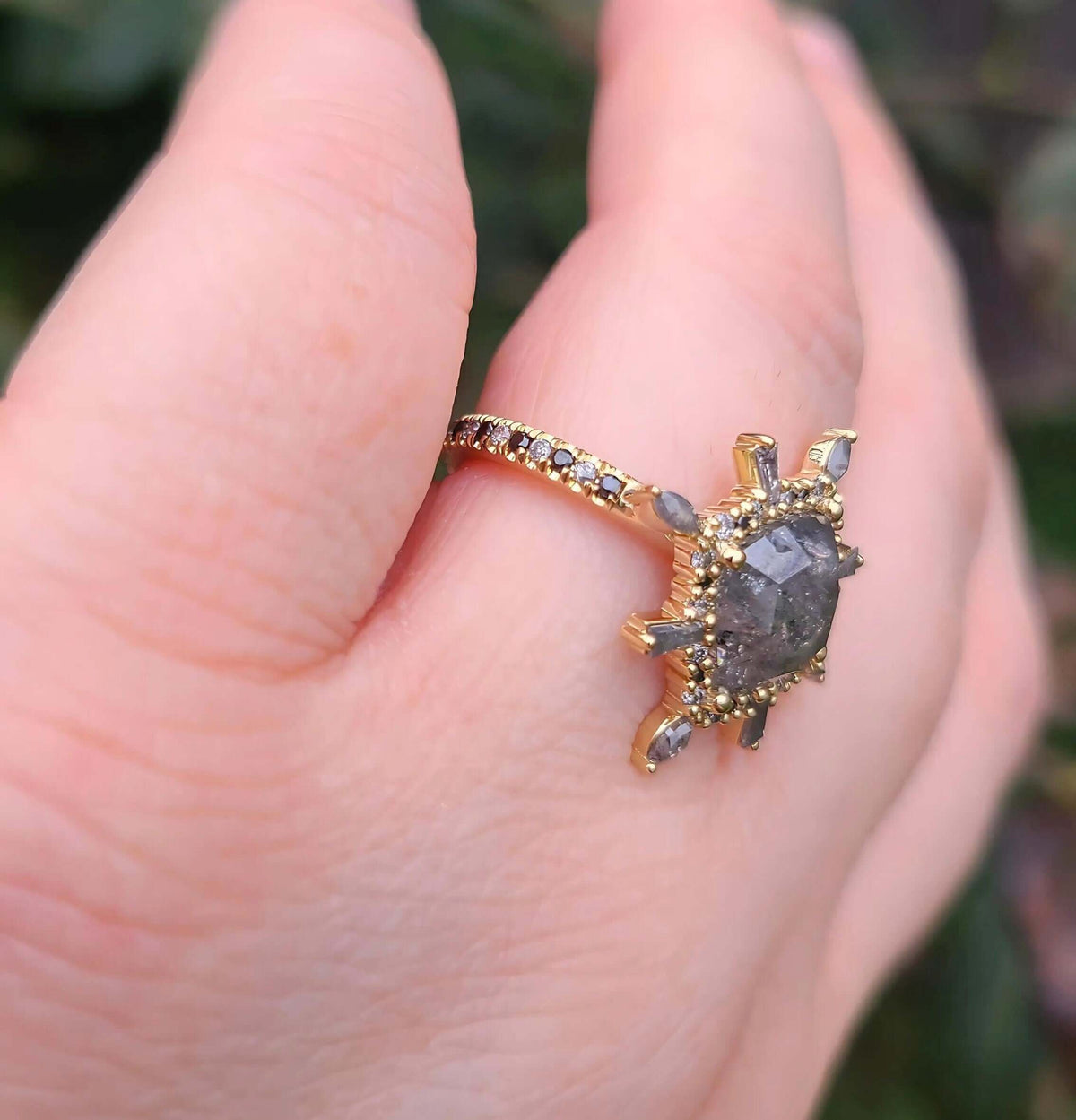 Sincerely Ginger Jewelry Rose Cut Salt & Pepper Diamond Cocktail Ring Side View in Yellow Gold