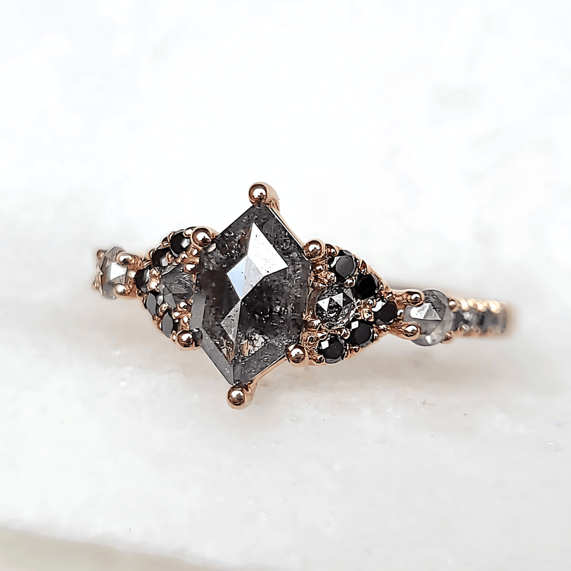 Sincerely Ginger Jewelry 14K Hexagon Rose Cut Salt & Pepper Diamond Ring Alternative Engagement Ring in Rose Gold