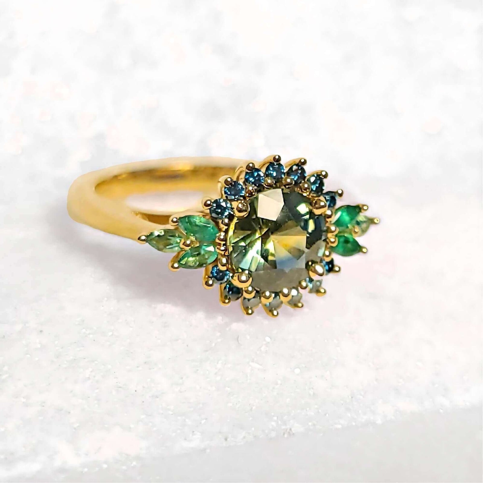 Sincerely Ginger Jewelry 14K Montana Sapphire Blue Diamond and Emerald Engagement and Cocktail Ring in Yellow Gold
