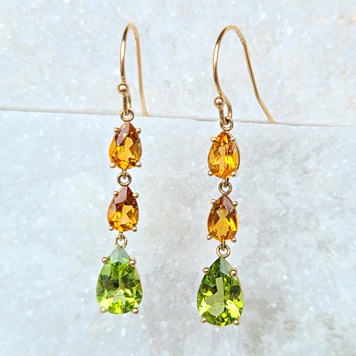 Sincerely Ginger Jewelry 14K Peridot and Citrine Drop Earrings in Yellow Gold