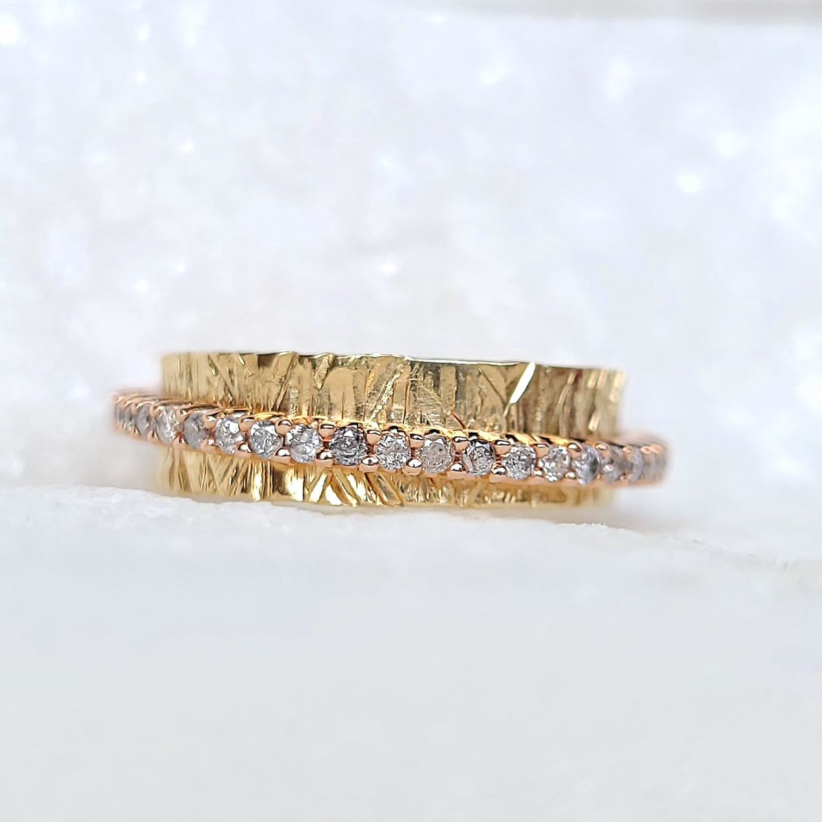 Sincerely Ginger Jewelry 14K Salt and Pepper Diamond Textured Pinky Spinner Ring in Yellow and Rose Gold 