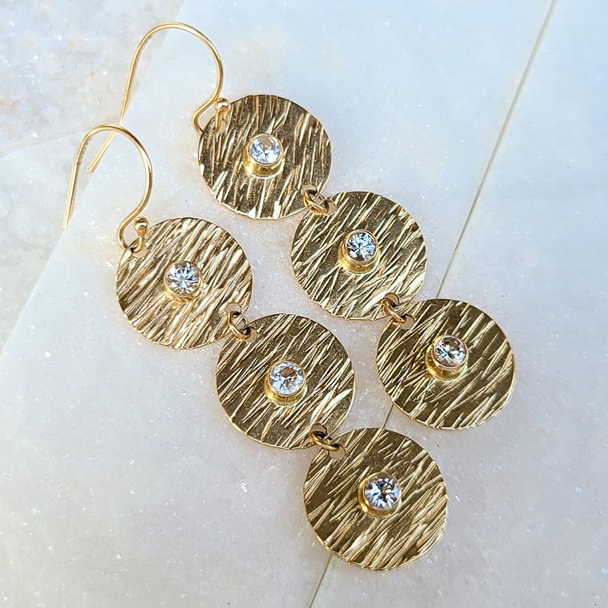 Sincerely Ginger Jewelry 14K Textured White Sapphire Earrings in Yellow Gold