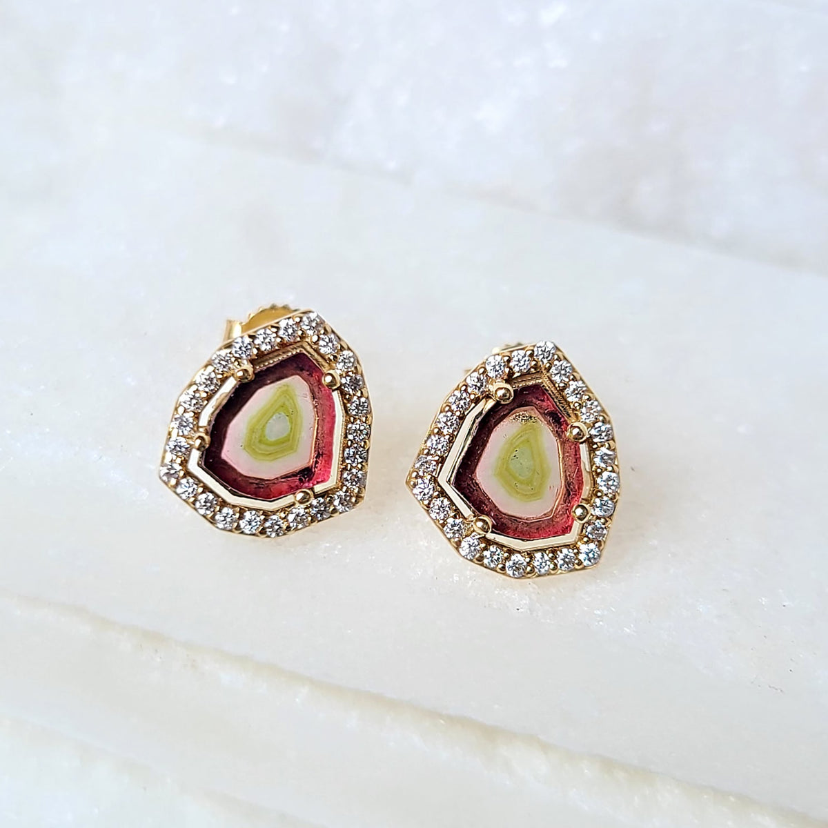 Sincerely Ginger Jewelry 14K Watermelon Tourmaline Diamond Earrings in Yellow Gold