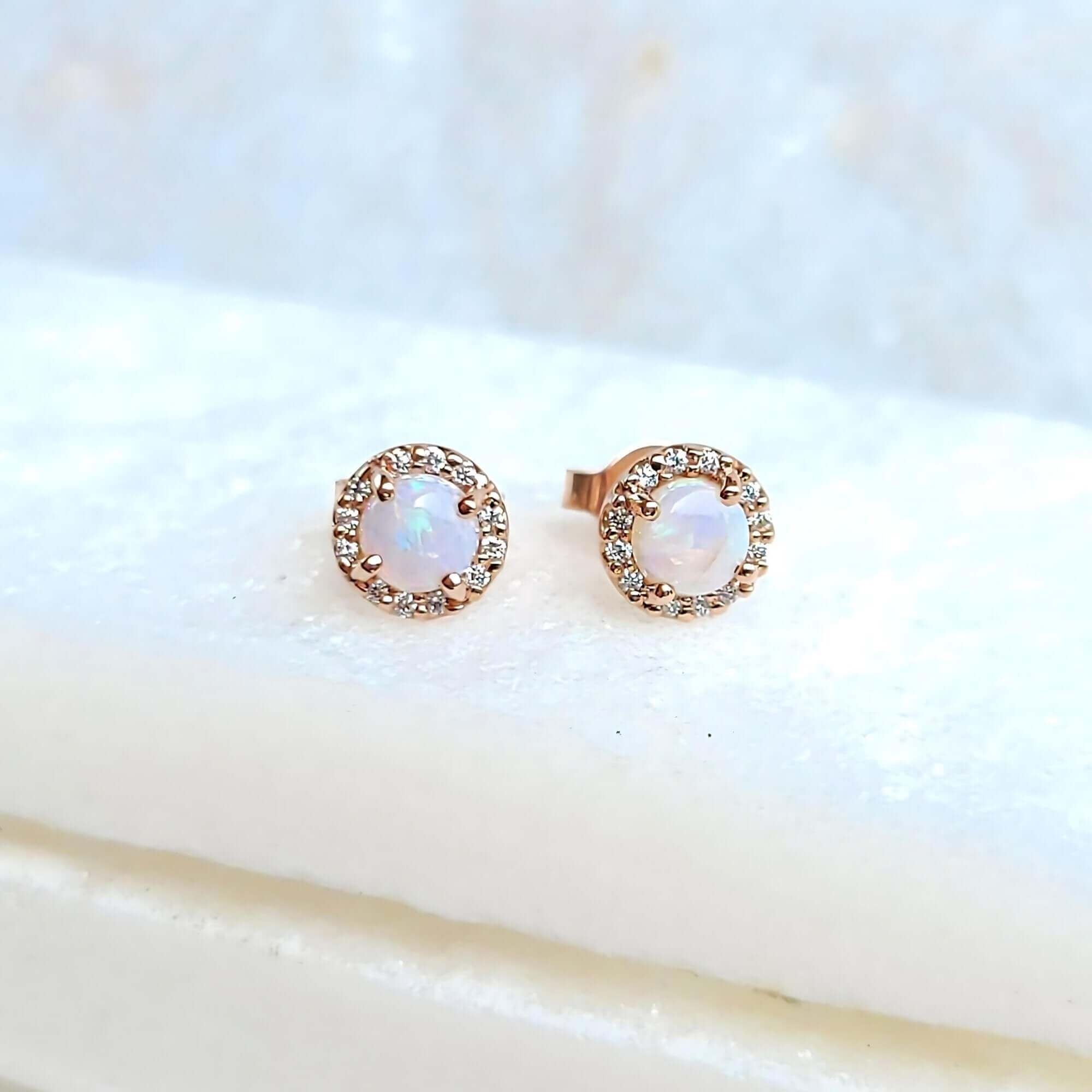 14K White Opal Diamond Earrings in Rose Gold