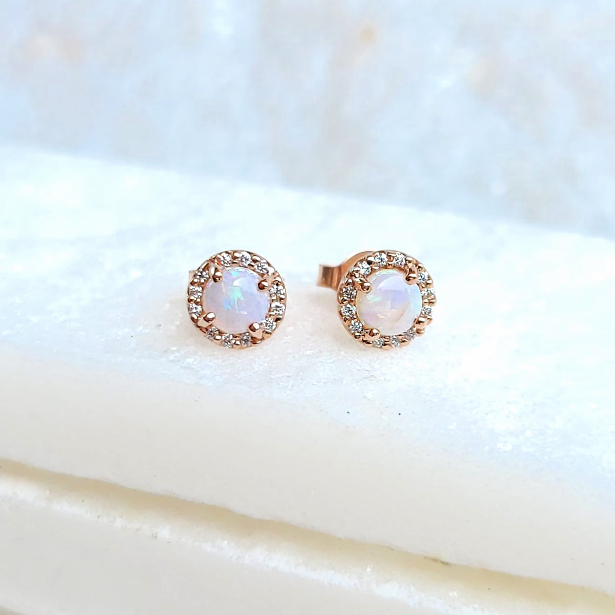 Sincerely Ginger Jewelry 14K White Opal Diamond Earrings in Rose Gold